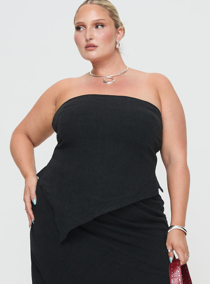 Birdie Asymmetric Linen Blend Top Black Curve