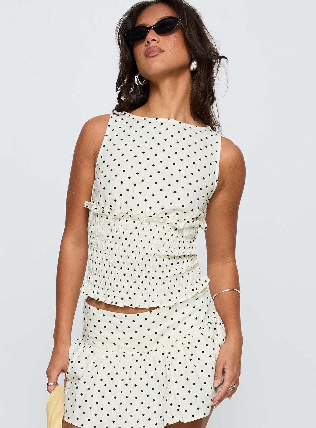 Roxee Ruched Linen Blend Top Cream Polka