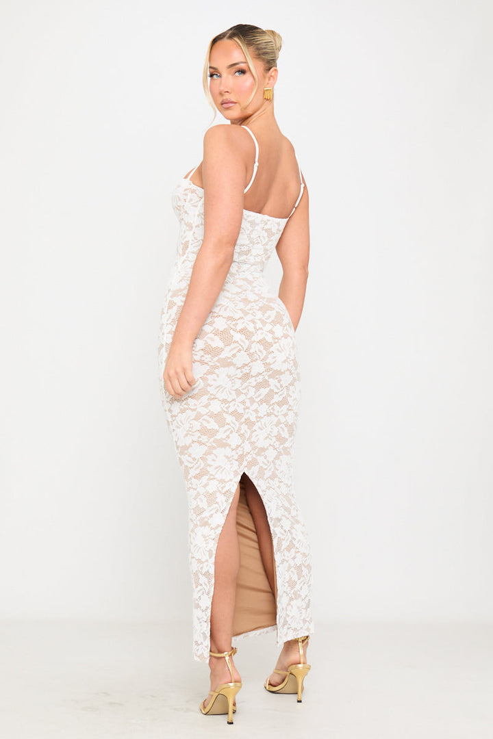 Weißes ärmelloses Maxikleid mit Blumenstickerei aus Spitze
