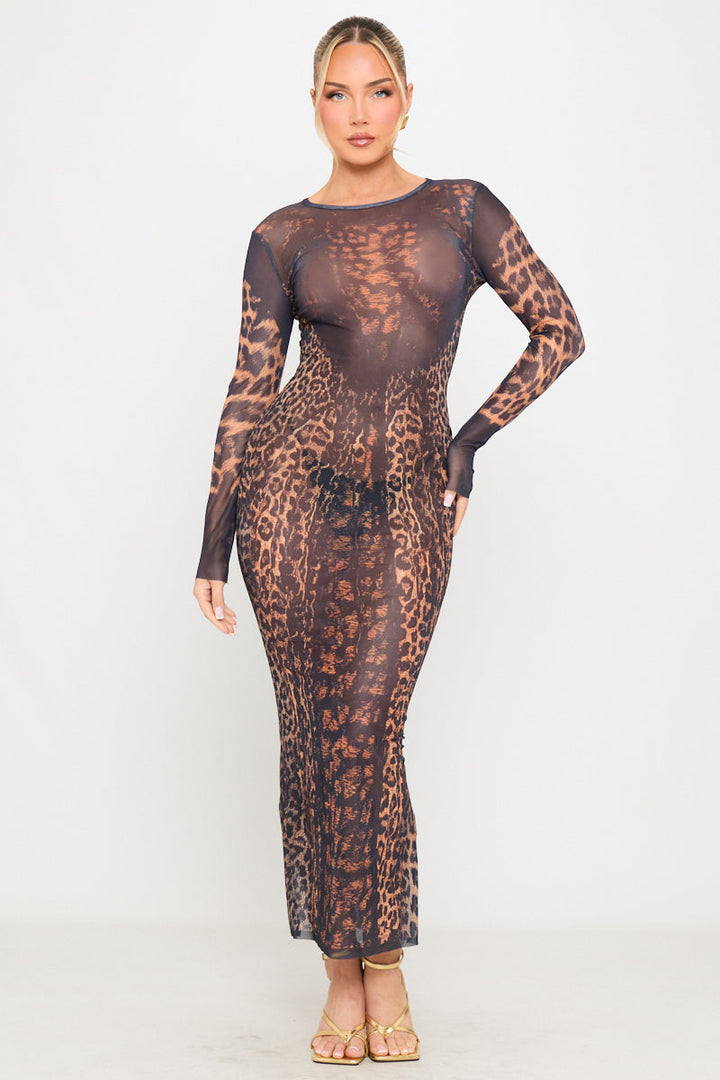 Transparentes Maxikleid mit langen Ärmeln und Leopardenmuster