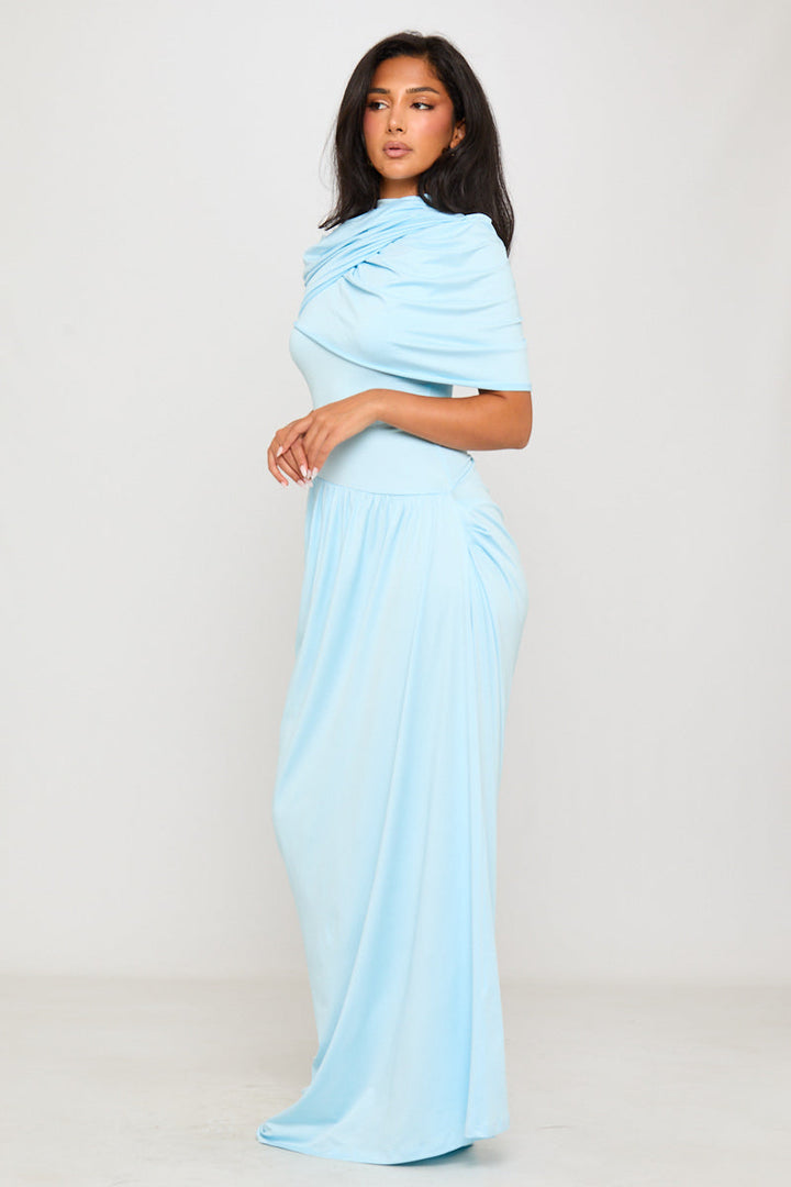 Baby Blue Draped Asymmetric Pleated Maxi Dress