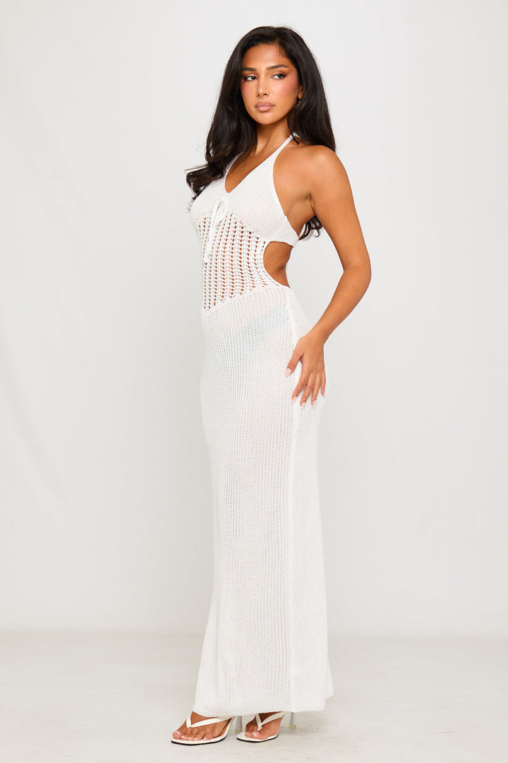 White Crochet Knit Halter Open Back Maxi Dress