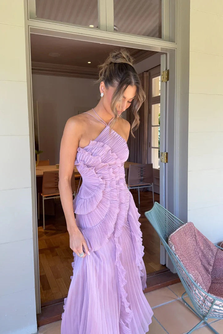 Pink Halterneck Ruffle Asymmetric Gown Dress