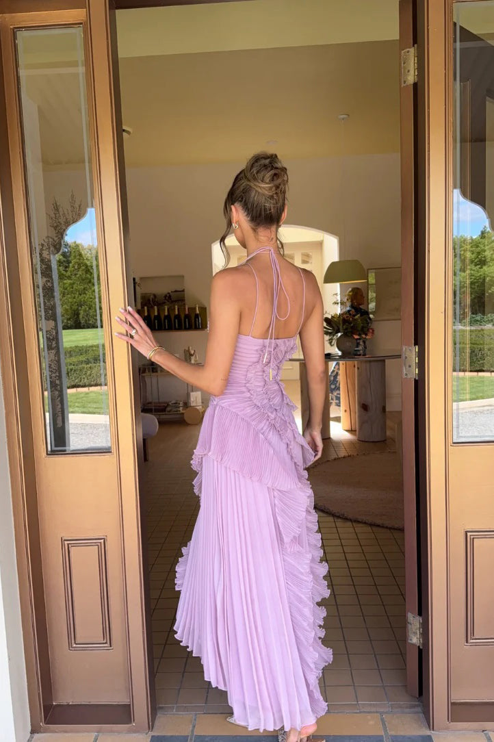 Pink Halterneck Ruffle Asymmetric Gown Dress