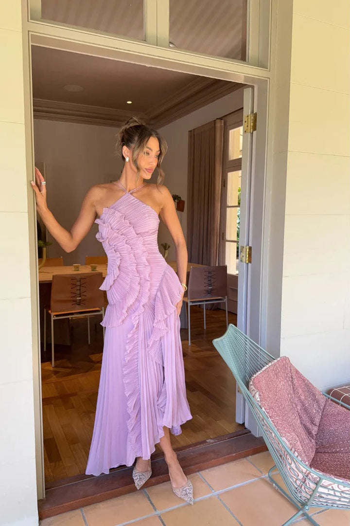Pink Halterneck Ruffle Asymmetric Gown Dress