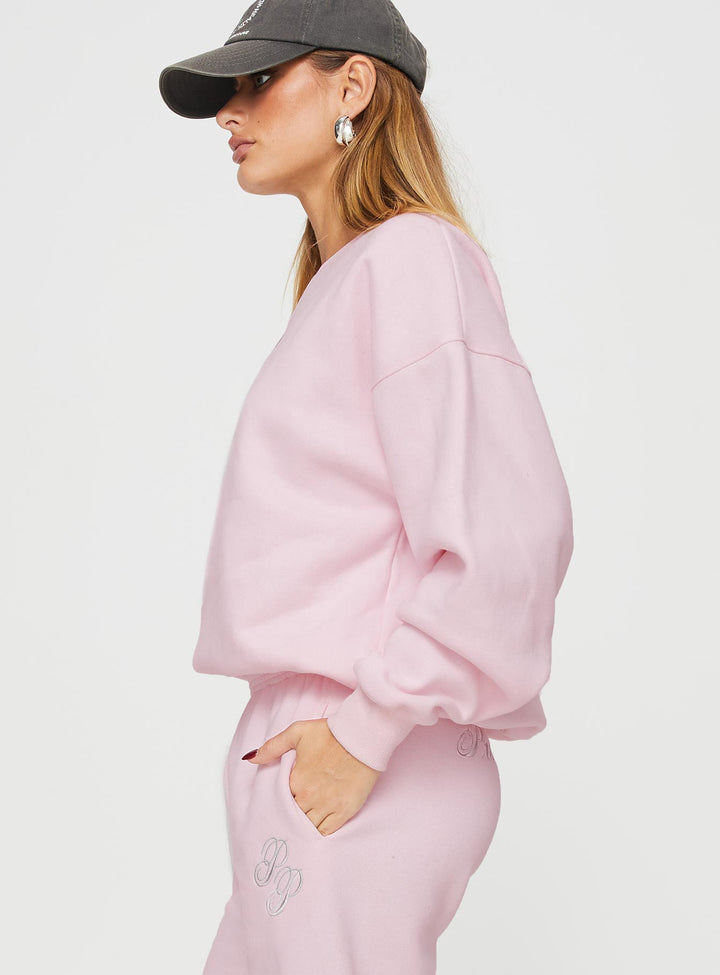 Princess Polly Crew Neck Sweatshirt Script Baby Pink / Grey