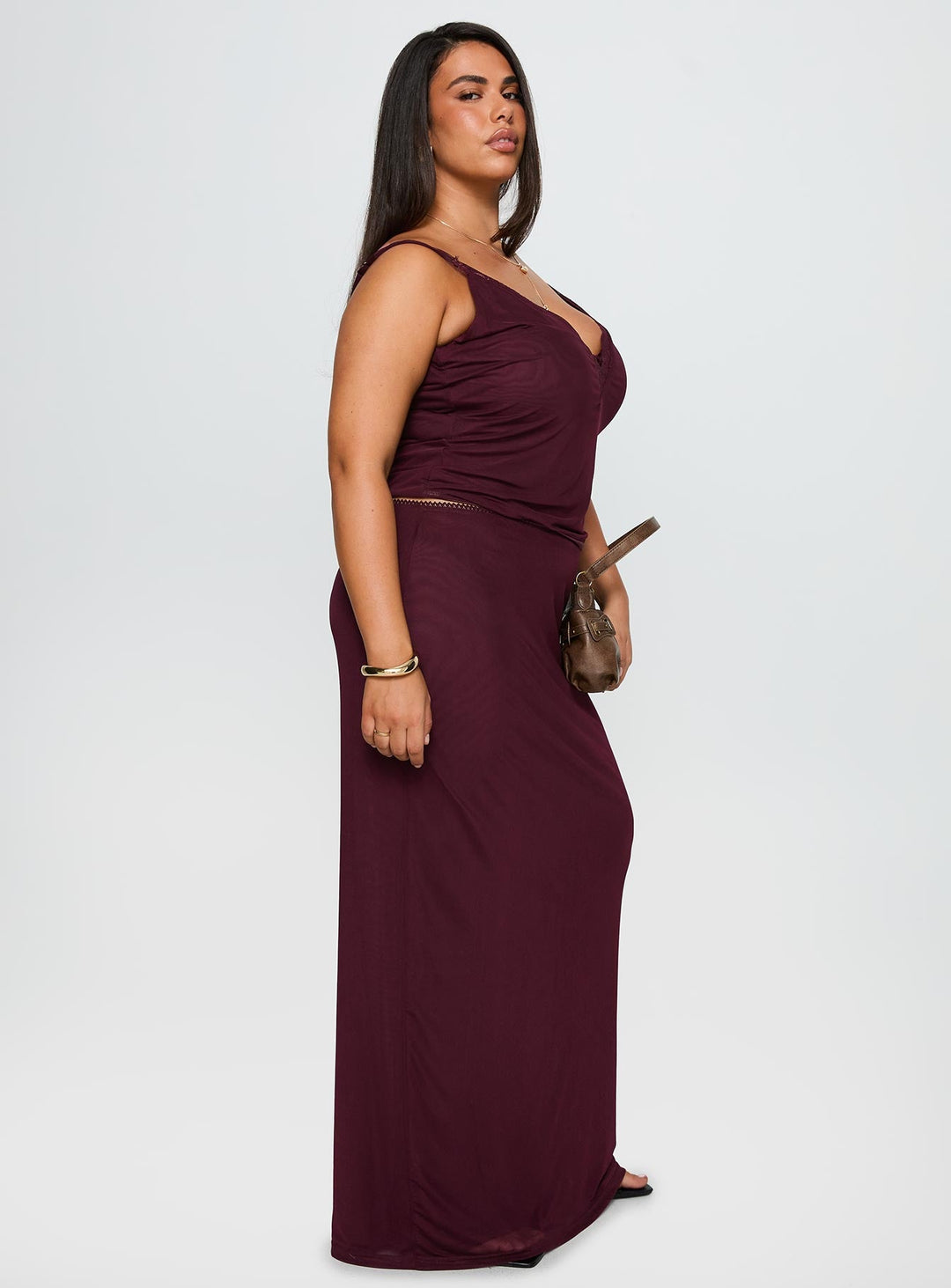 Reiko Lace Trim Tie Front Maxi Set Burgundy Curve