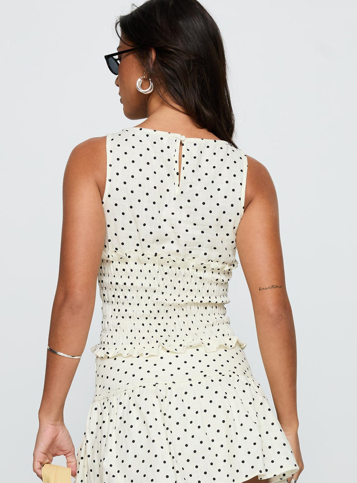 Roxee Ruched Linen Blend Top Cream Polka