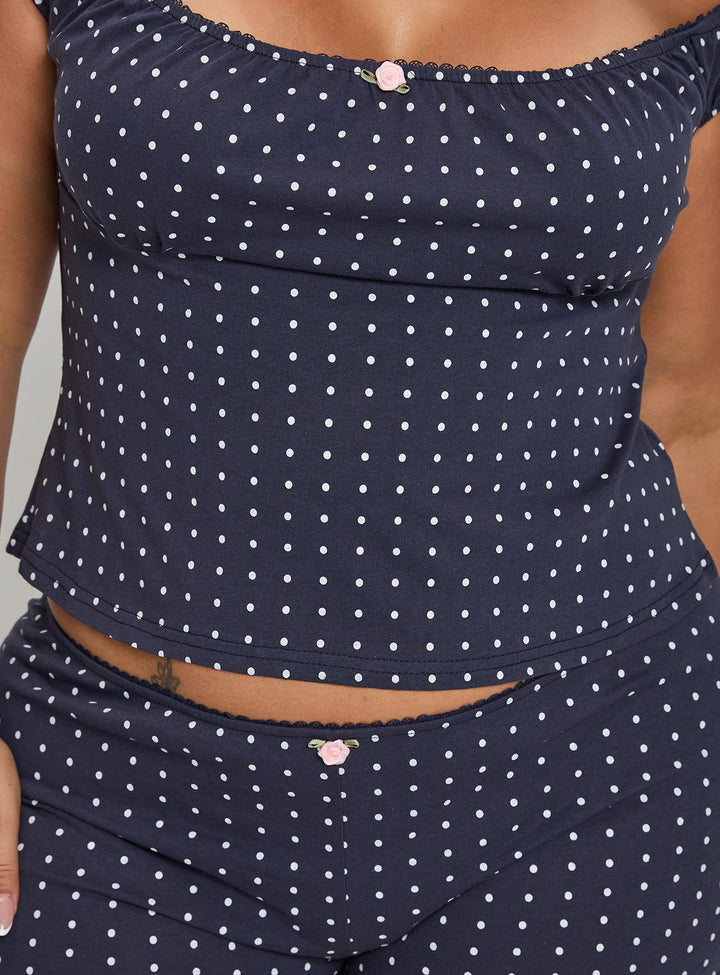 Drift Away Off The Shoulder Sleep Set Navy Dot Curve