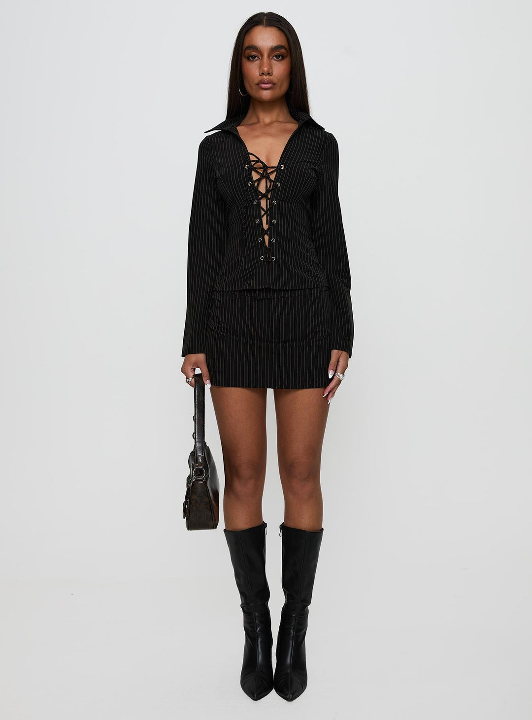 Feminique Tie Up Long Sleeve Top Black Stripe