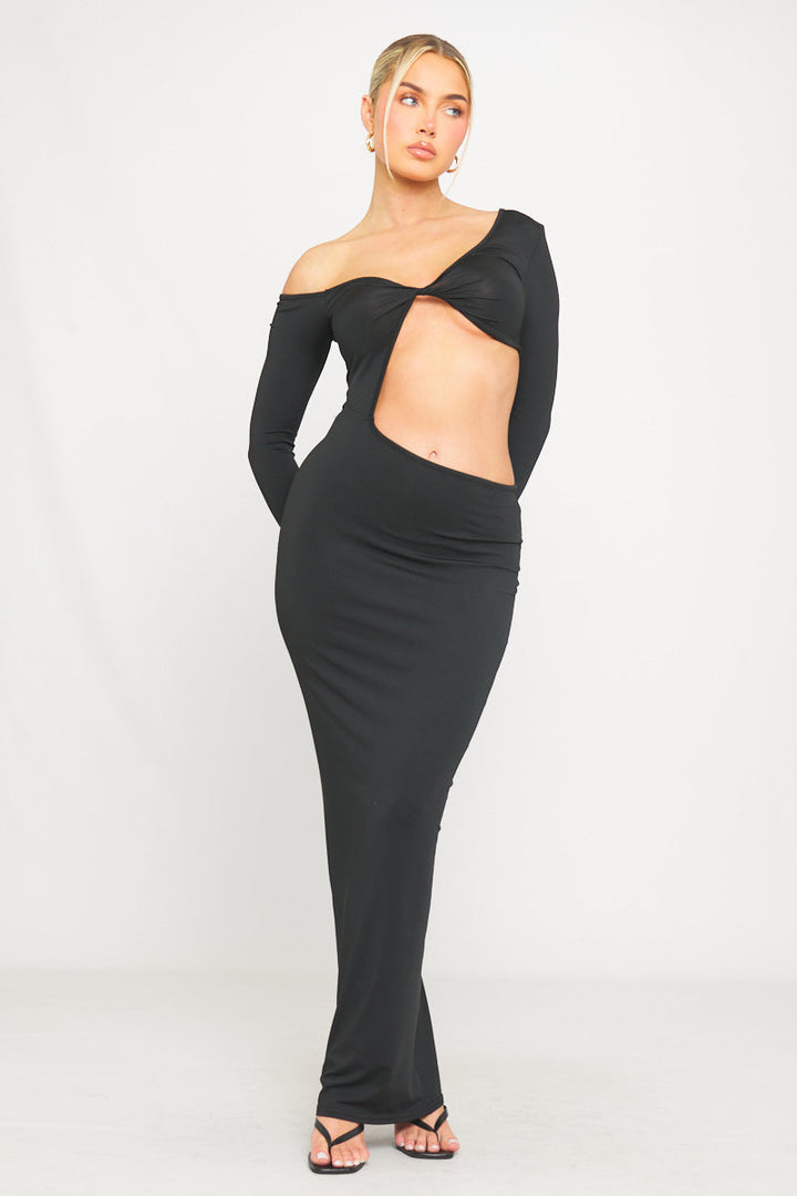 Schwarzes Maxikleid mit Cut-Outs und verdrehter Vorderseite und langen Ärmeln