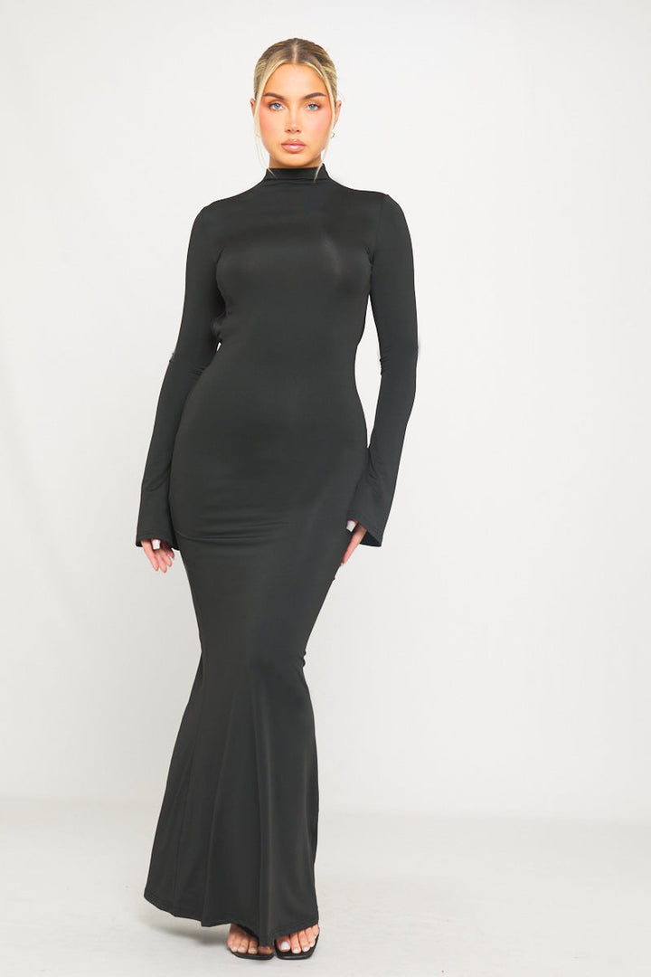 Black High Neck Open Back Flared Sleeve Maxi Dress