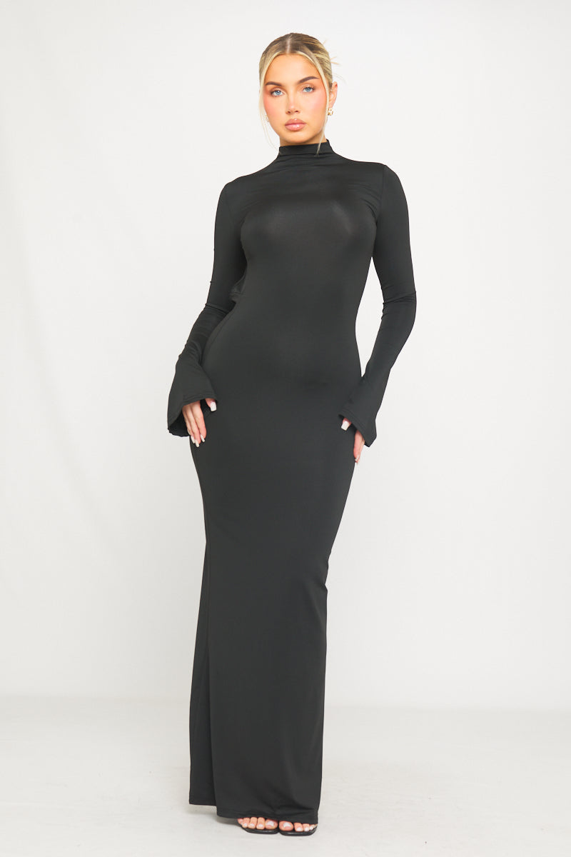 Black High Neck Open Back Flared Sleeve Maxi Dress