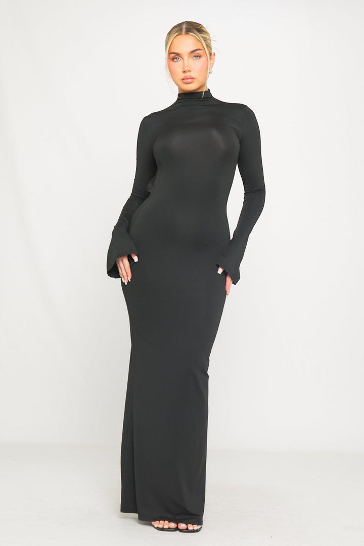 Black High Neck Open Back Flared Sleeve Maxi Dress