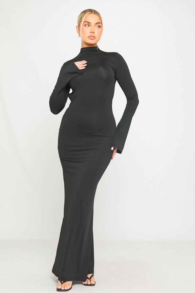 Black High Neck Open Back Flared Sleeve Maxi Dress