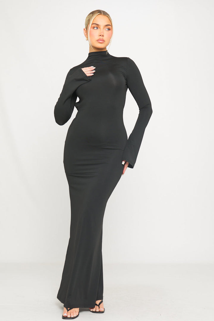 Black High Neck Open Back Flared Sleeve Maxi Dress