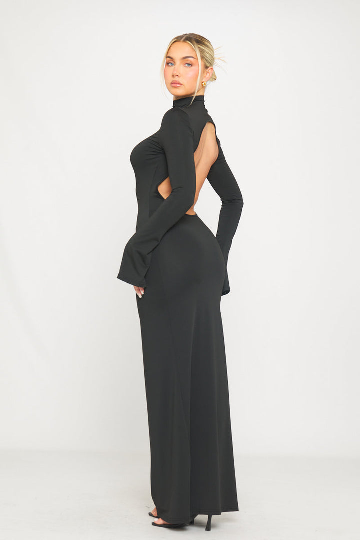 Black High Neck Open Back Flared Sleeve Maxi Dress