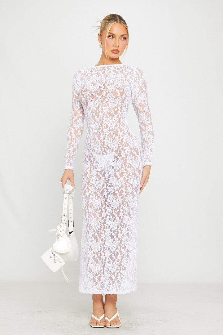 Weißes, langärmliges, figurbetontes Maxikleid aus transparenter Spitze