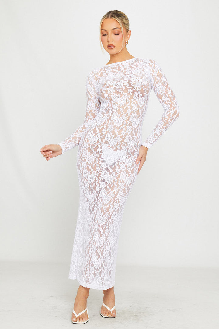 Weißes, langärmliges, figurbetontes Maxikleid aus transparenter Spitze