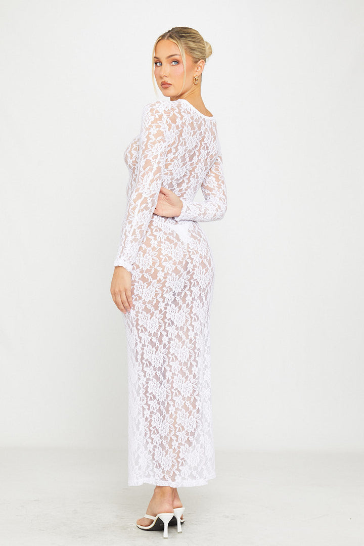 Weißes, langärmliges, figurbetontes Maxikleid aus transparenter Spitze