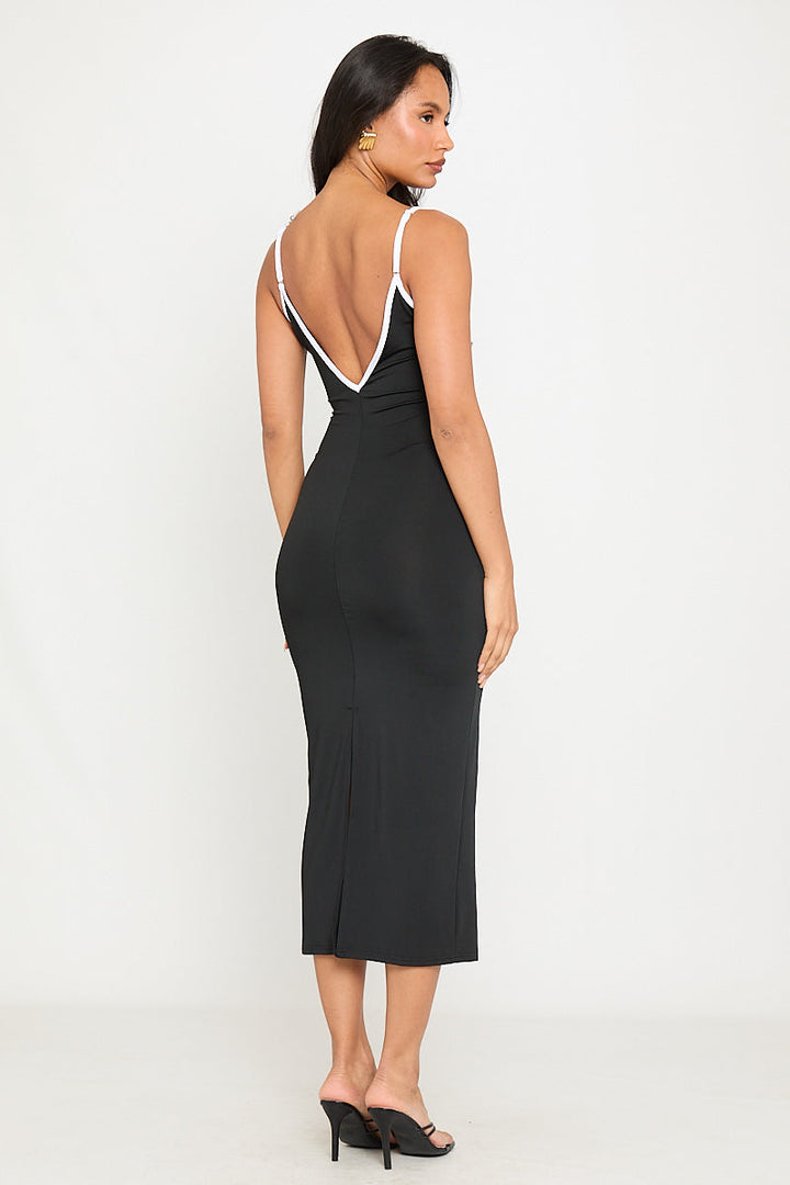 Black Contrast Plunge Detail Strappy Midi Dress